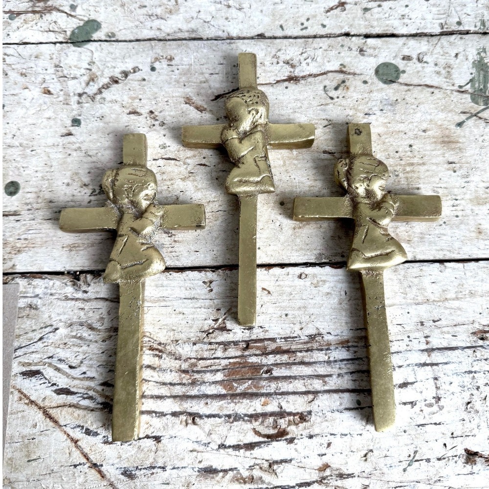 Vintage Brass Praying Child Wall Cross Set Boy and Girl Religious Decor‎ 3pc